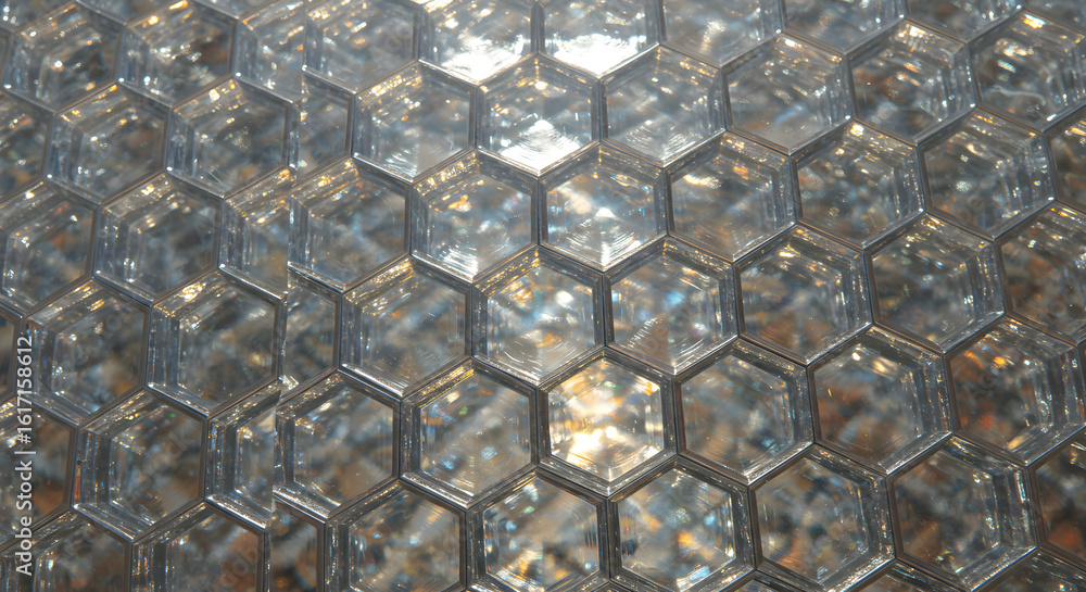 Poster abstract hexagonal glass pattern with shimmering light reflection and metallic borders providing a