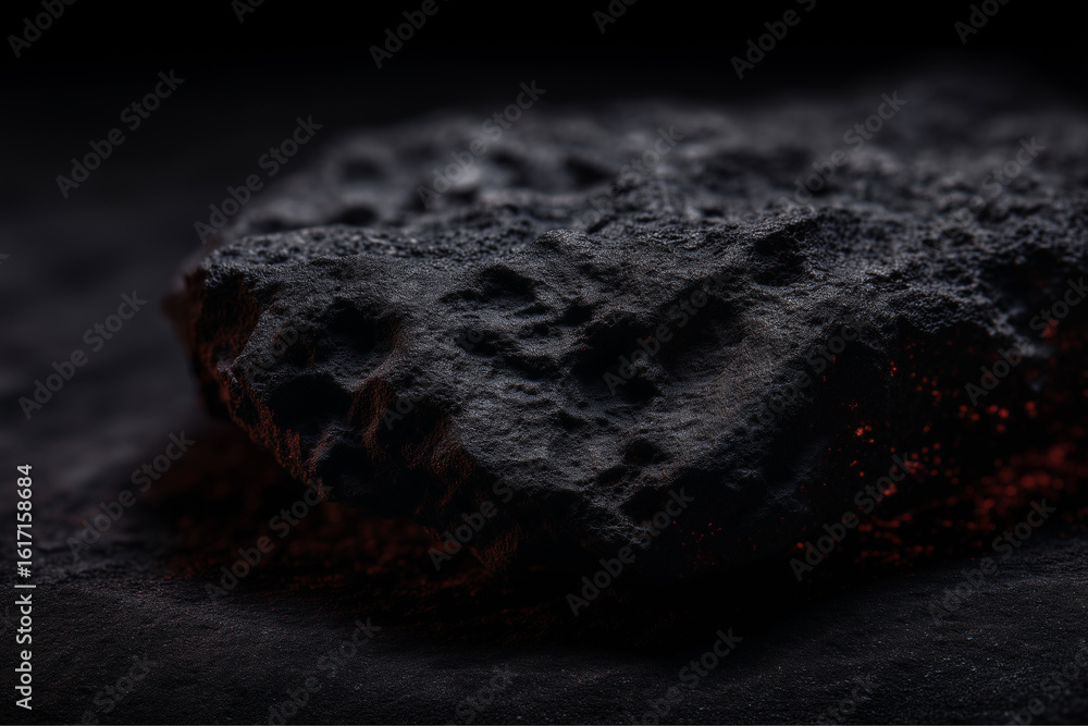 Poster a dark rock formation with textured surface and hints of red light below it