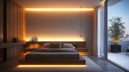 Modern bedroom interiors with a stylish bed, a large window and warm led lighting