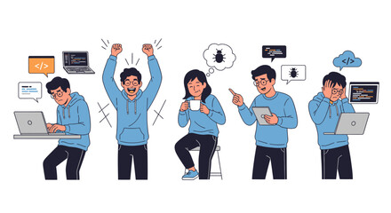 A set of vector illustrations showing the emotional journey of a programmer, from frustrating debugging to successful coding.
