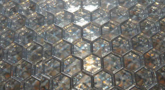 Abstract hexagonal glass pattern with shimmering light reflection and metallic borders providing a - Powered by Adobe