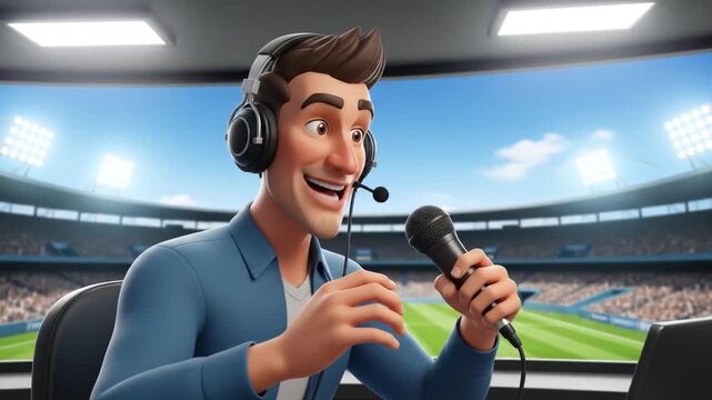 Animated sports commentator broadcasting live from a stadium, wearing headphones and holding a microphone