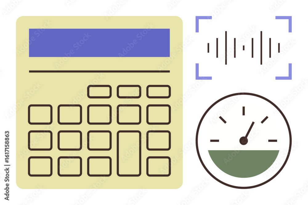 Poster calculator with purple display, sound wave pattern in focus brackets, speedometer pointing mid-range
