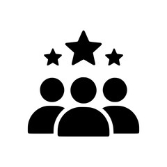 Solid black icon of a group of people with three stars above them symbolizing feedback