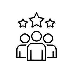 Outline icon of a group of people with three stars above them symbolizing feedback
