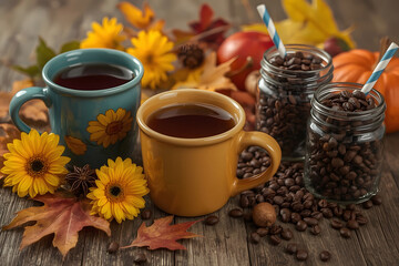 Cup of coffee with autumn leaves on a cozy morning table