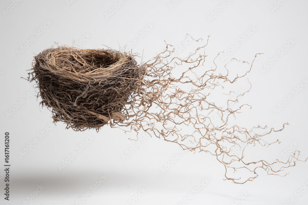 Poster a bird's nest made of twigs and straw floating on a white background space