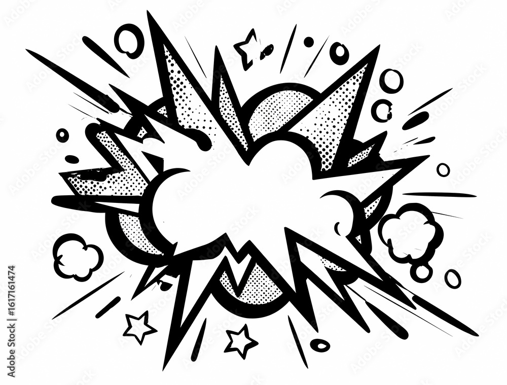 Poster graphic explosion with jagged edges and halftone patterns in black and white