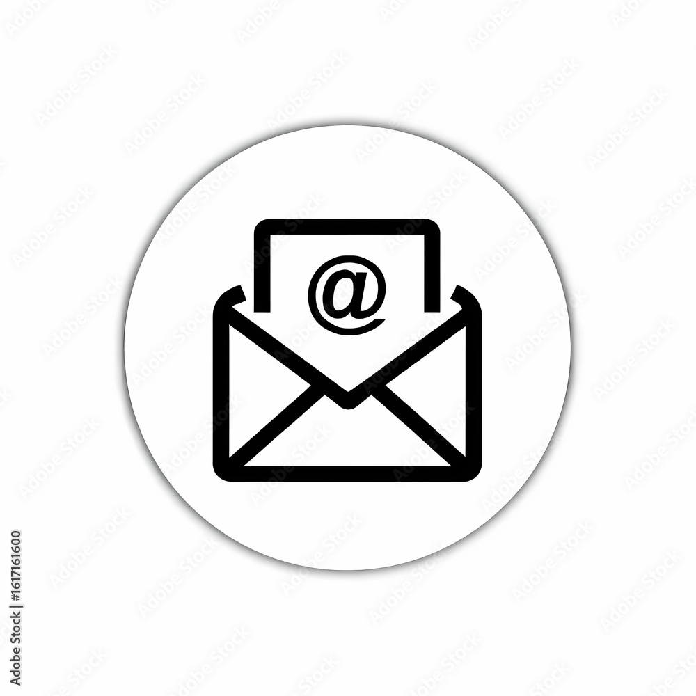 Poster black outline of an open envelope with at symbol on a white background