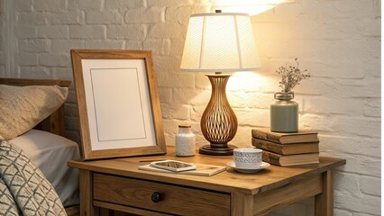 Rustic bedside setup with small vertical frame leaning beside wooden table and lamp, in a cozy warm-toned setting