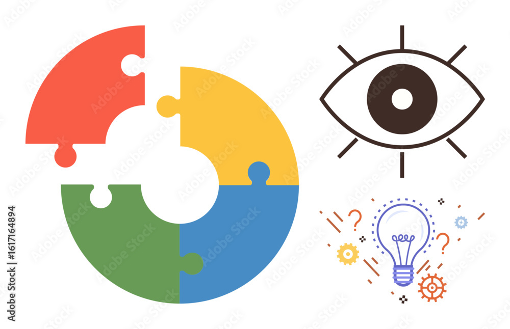 Poster four-piece circular puzzle, eye for vision, and lightbulb with gears and question marks symbolizing 