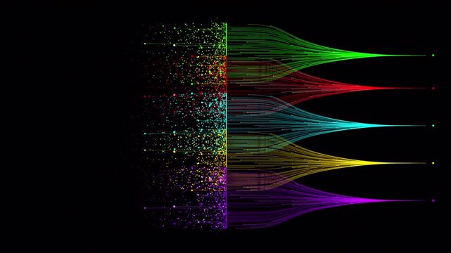 Data streams converge in a seamless loop, with vibrant paths and particles flowing on a black background, representing tech innovation, analytics, and artificial intelligence.