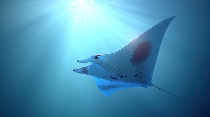 Manta ray gliding through the blue ocean, sun rays piercing down from above