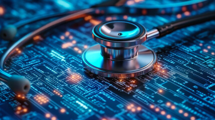 Stethoscope on a digital circuit background, symbolizing advanced medical technology