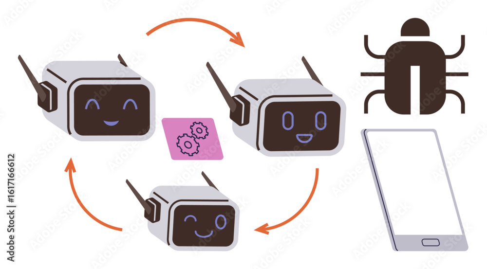 Poster three ai-powered gadgets exchanging data, gear icon for process, virus icon for cybersecurity, smart