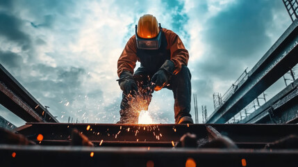 Welder working on a metal bridge construction