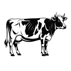 Black and white illustration of a holstein friesian cow standing