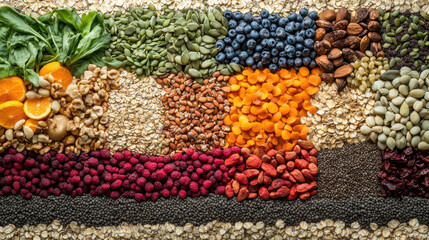 Healthy food selection with fruits, vegetables, seeds, superfood, cereals on gray background