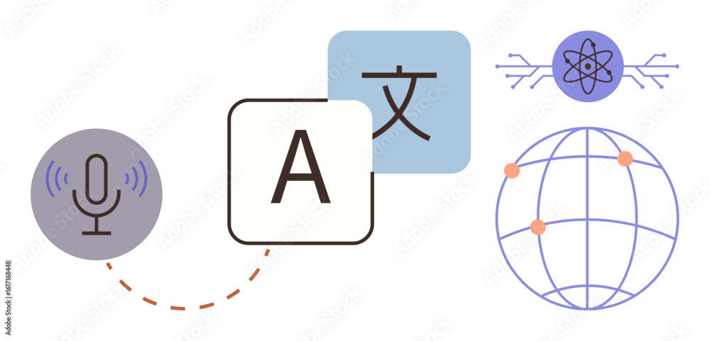 Poster microphone, language blocks, globe with connected points, and ai atom. ideal for language learning, 