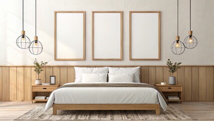 Cozy bedroom with three horizontally aligned wooden frames above a bed, pendant lighting and minimalist nightstands
