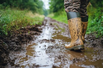 Person wearing muddy boots walks through a puddle covered path. Perfect for illustrating outdoor activities, and challenging conditions.
