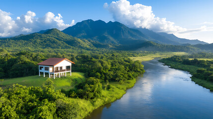 Stunning aerial view of serene river and lush mountains nature photography tranquil environment vibrant landscape