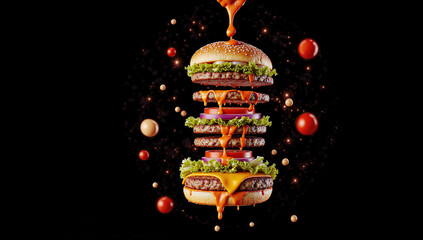 Mouthwatering double cheeseburger with layers of juicy beef, fresh lettuce, tomatoes, pickles, onions, and melted cheese. Perfect for food lovers, burger promotions, fast food ads, and gourmet dining 