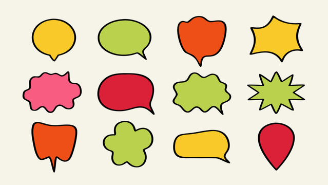 Vibrant and playful assortment of hand drawn speech bubbles and whimsical doodle icons for creative projects