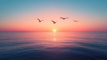 Obraz premium Tranquil Coastal Sunset with Flock of Birds in Silhouette