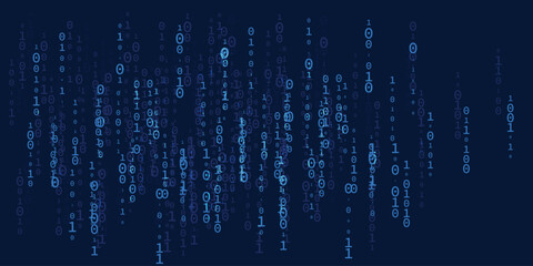 Blue binary code background with falling zeros and ones. Digital data, cybersecurity, tech concept.