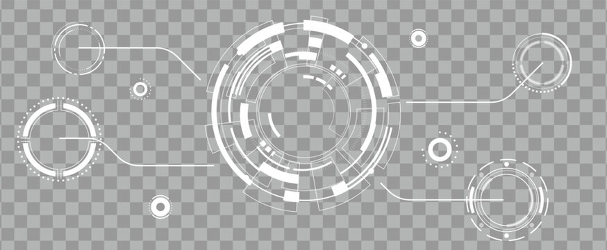 White HUD interface elements and circles on transparent background. Futuristic technology data display.