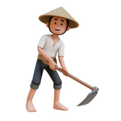 3D Asian Farmer Character working with a hoe.