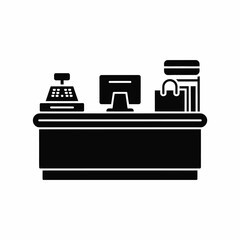 Black and white illustration of a retail checkout counter with cash register and shopping bag