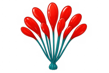Cluster of shiny red balloons with long stems, set against a transparent background, creating a festive and cheerful atmosphere