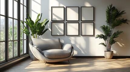Modern living room with comfortable armchair and empty frames, bathed in natural light.