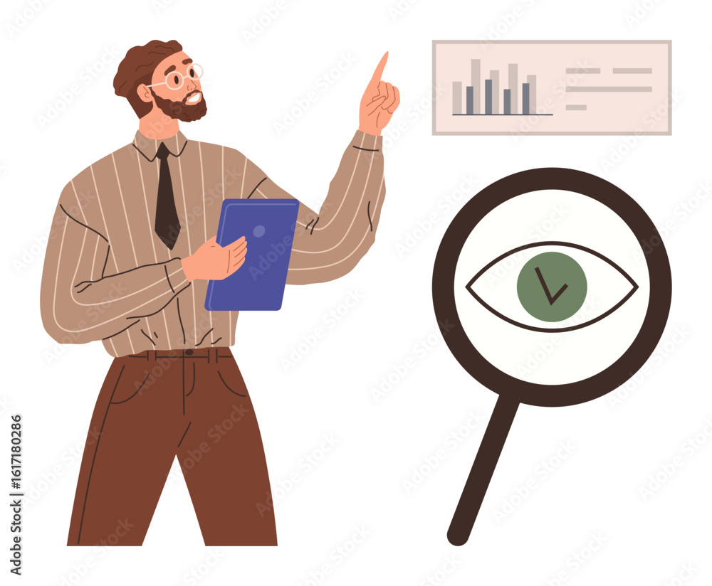Poster man holding a folder, pointing towards bar chart analysis, next to magnifying glass focusing on an e