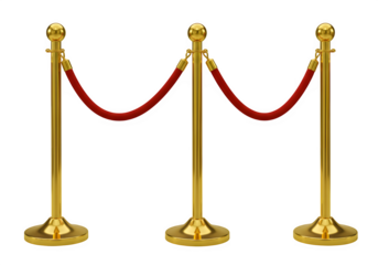 Three golden stanchions with red velvet ropes isolated on white or transparent background. PNG