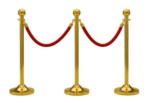 Three golden stanchions with red velvet ropes isolated on white or transparent background. PNG
