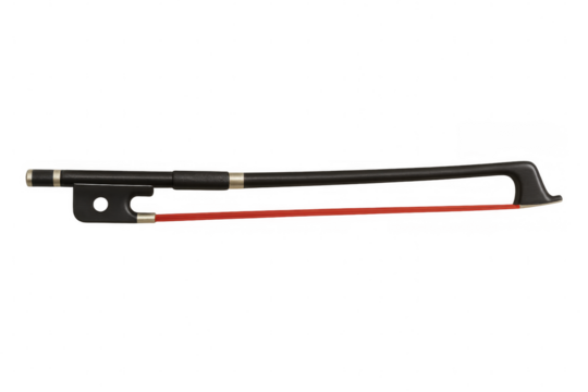 Violin bow with vibrant red horsehair, professionally photographed against transparent backdrop, revealing precision craftsmanship and elegant design