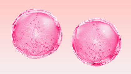 3D collagen serum pink gel bubbles on soft gradient background. Skincare and cosmetic concept illustration.