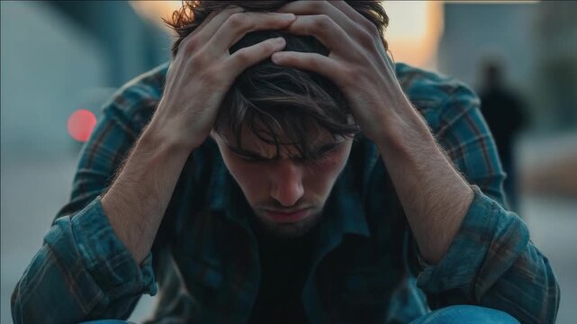 A man with his hands on his head, expressing a sense of stress or contemplation in an urban setting.
