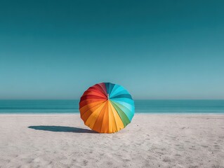 Vibrant rainbow beach umbrella closed and resting on soft white sand with calm turquoise waters and clear skies in a minimalist scene