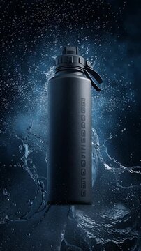 Vertical video Sleek Black Water Bottle in Dynamic Water Splash. Ideal for advertising, product promotions, and healthy living content.