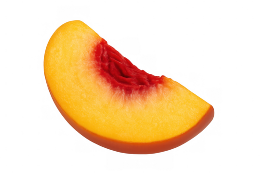 Rotating peach slice showcasing vibrant yellow and orange hues, isolated on a transparent background with an alpha channel for clarity