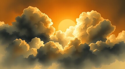 A dramatic sky displays the sun setting behind thick, illuminated clouds, casting a warm, golden glow. Darker clouds in the foreground enhance the vibrant contrast and depth of the scene.