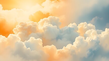 Fluffy clouds float gently across the sky, illuminated by warm, golden sunlight. Soft hues of orange and blue blend seamlessly, evoking a serene and tranquil atmosphere.