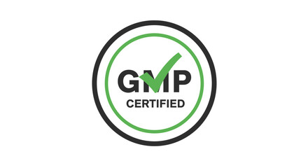 Fototapeta premium GMP Certified logo with a green checkmark inside a green and black circle, indicating good manufacturing practices compliance.