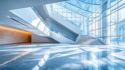 Modern architectural space with bright natural light illuminating a sleek staircase and reflective floors.