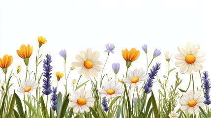 Vibrant Field of Colorful Flowers with Daisies, Lavender, and Wildflowers in Sunshine Against a White Background