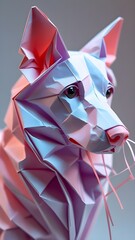 An origami-style dog is crafted with sharp geometric shapes and vibrant shades of pink, purple, and blue. The use of light and shadow enhances the 3D effect, making the sculpture appear lifelike.